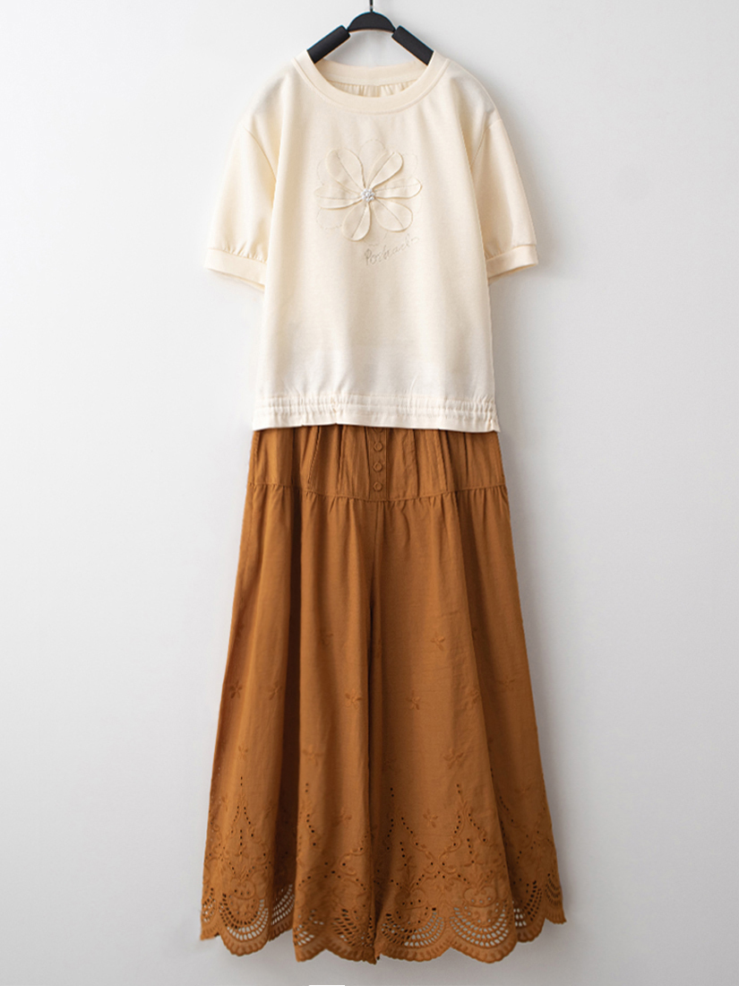 珍珠刺繡圓領上衣繡花純棉柔軟寬褲組合