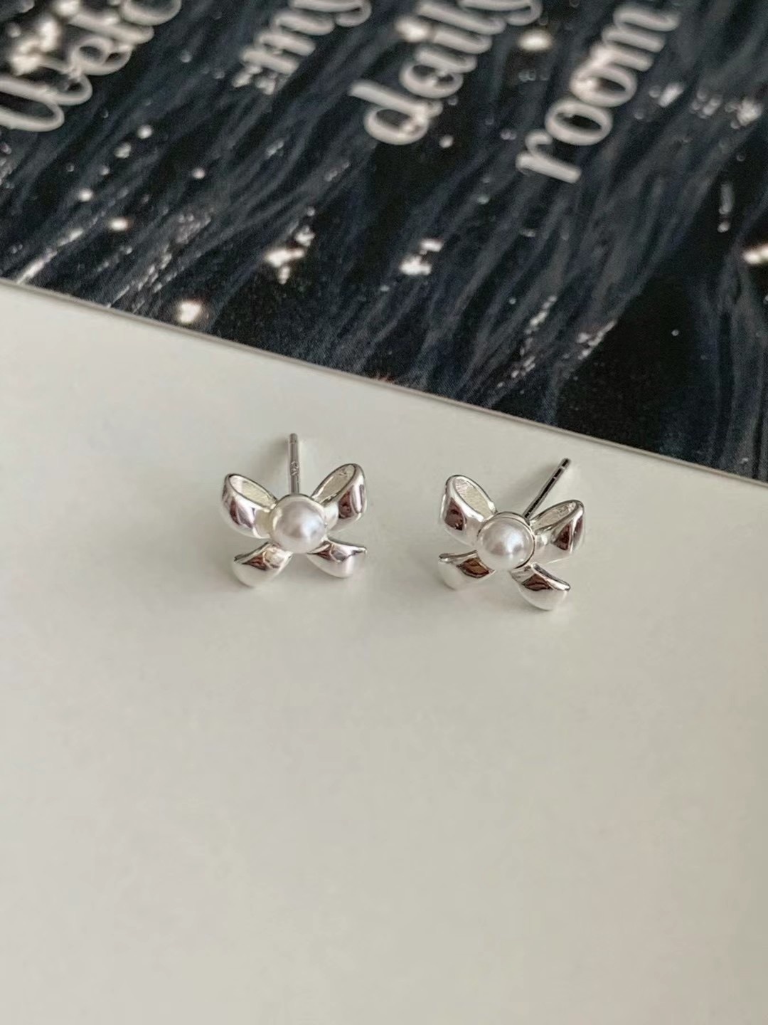 S925 silver pearl ribbon earrings