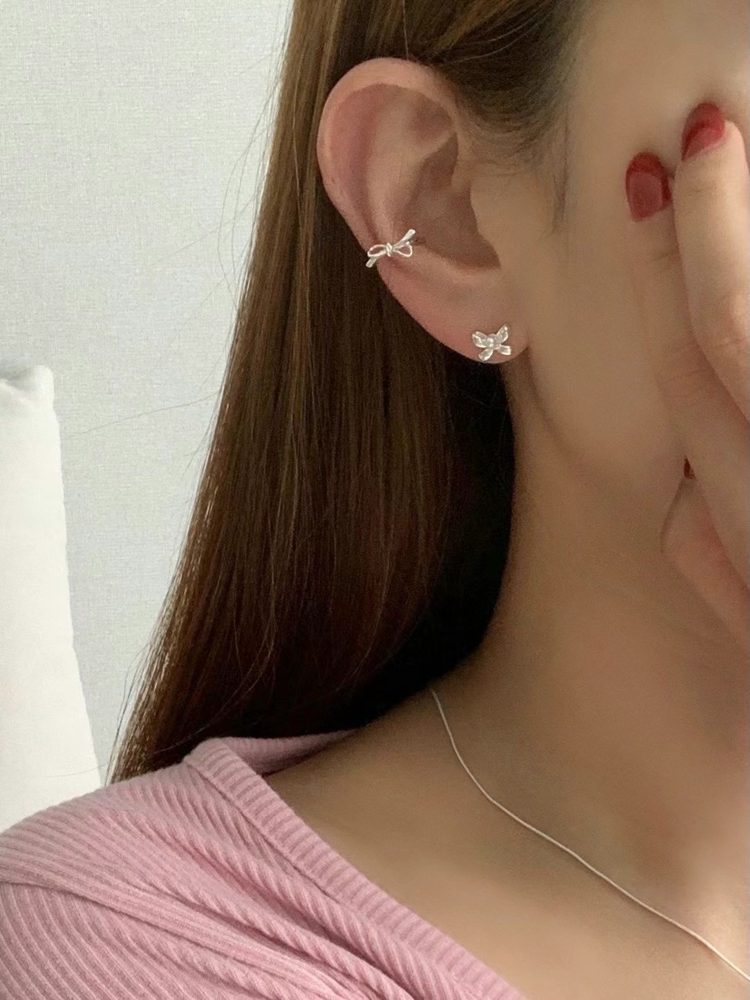 S925 silver ribbon ear cuff earrings