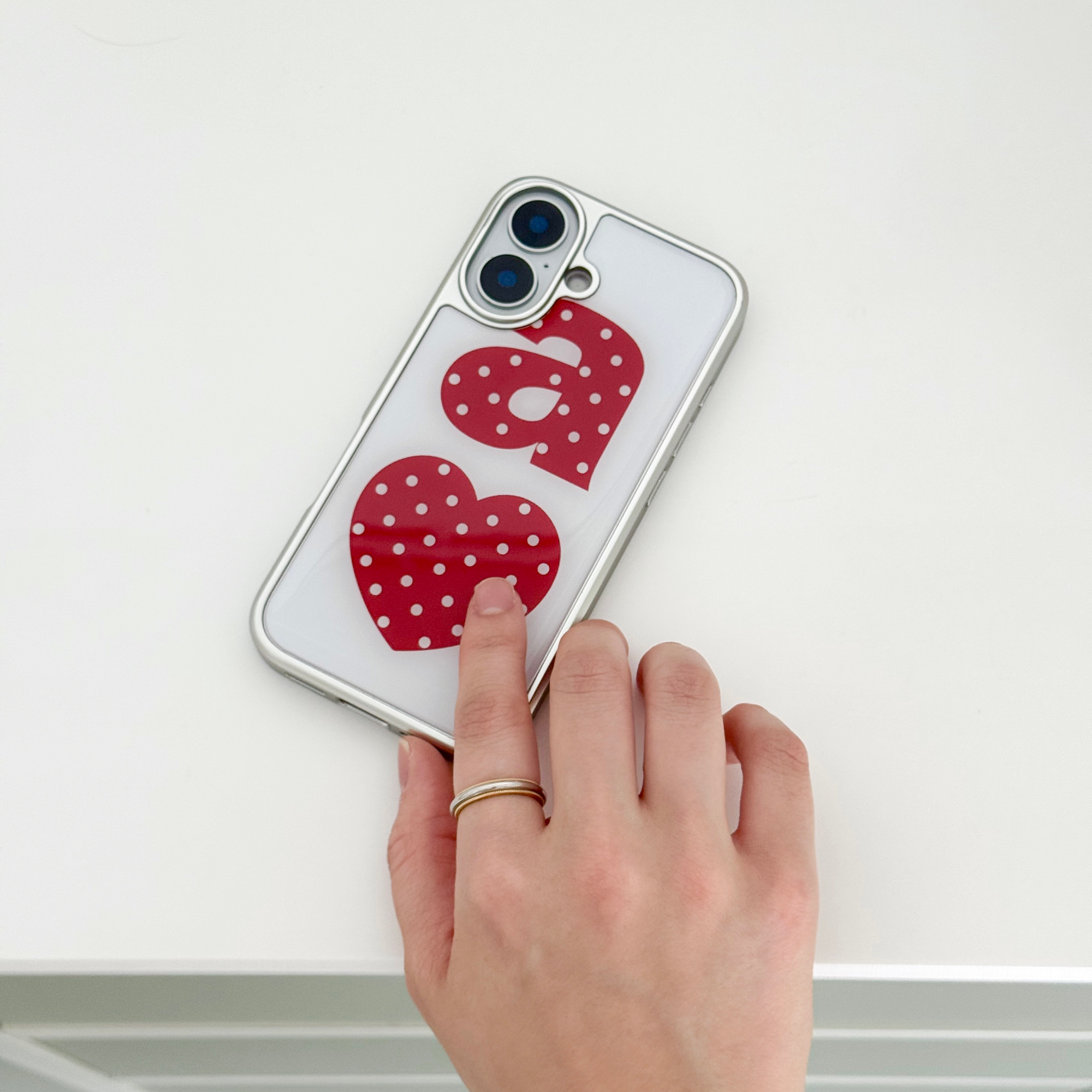 ABOE 紅點愛心白底銀邊 Epoxy 手機殼