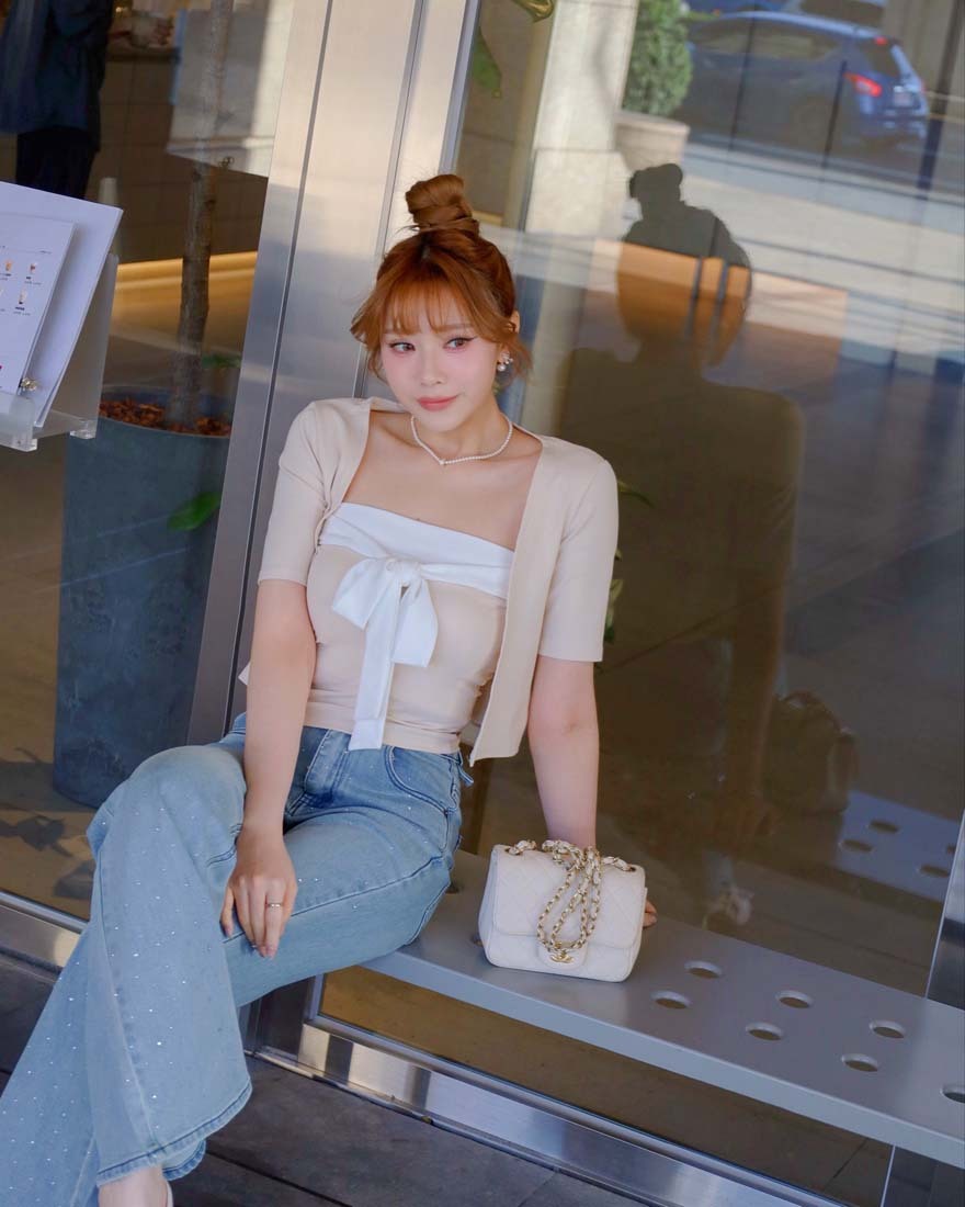 LINA LINA微甜千金拼色蝴蝶結背心外套兩件組-溫柔杏
