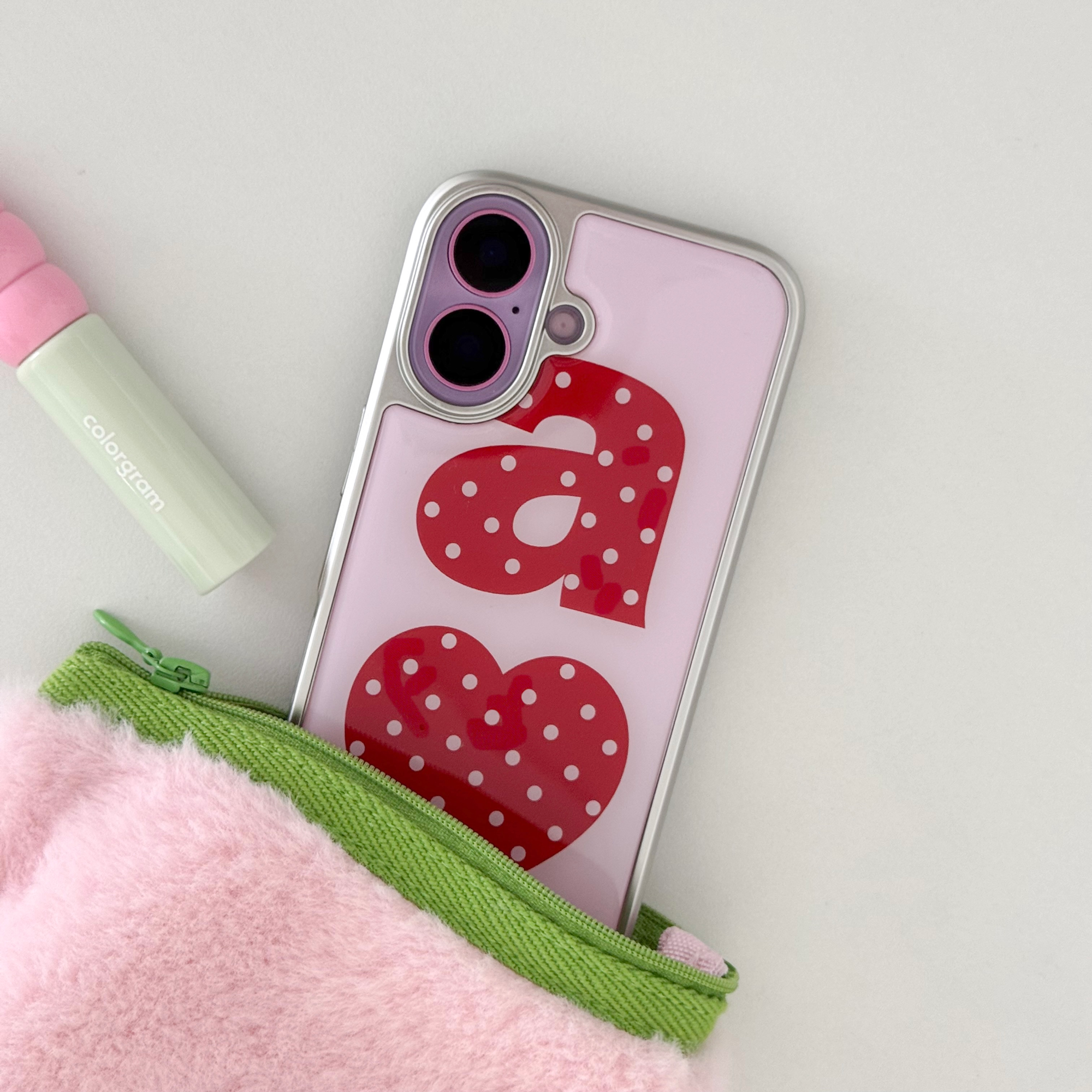 ABOE 紅點愛心環氧手機殼 粉銀 phone case