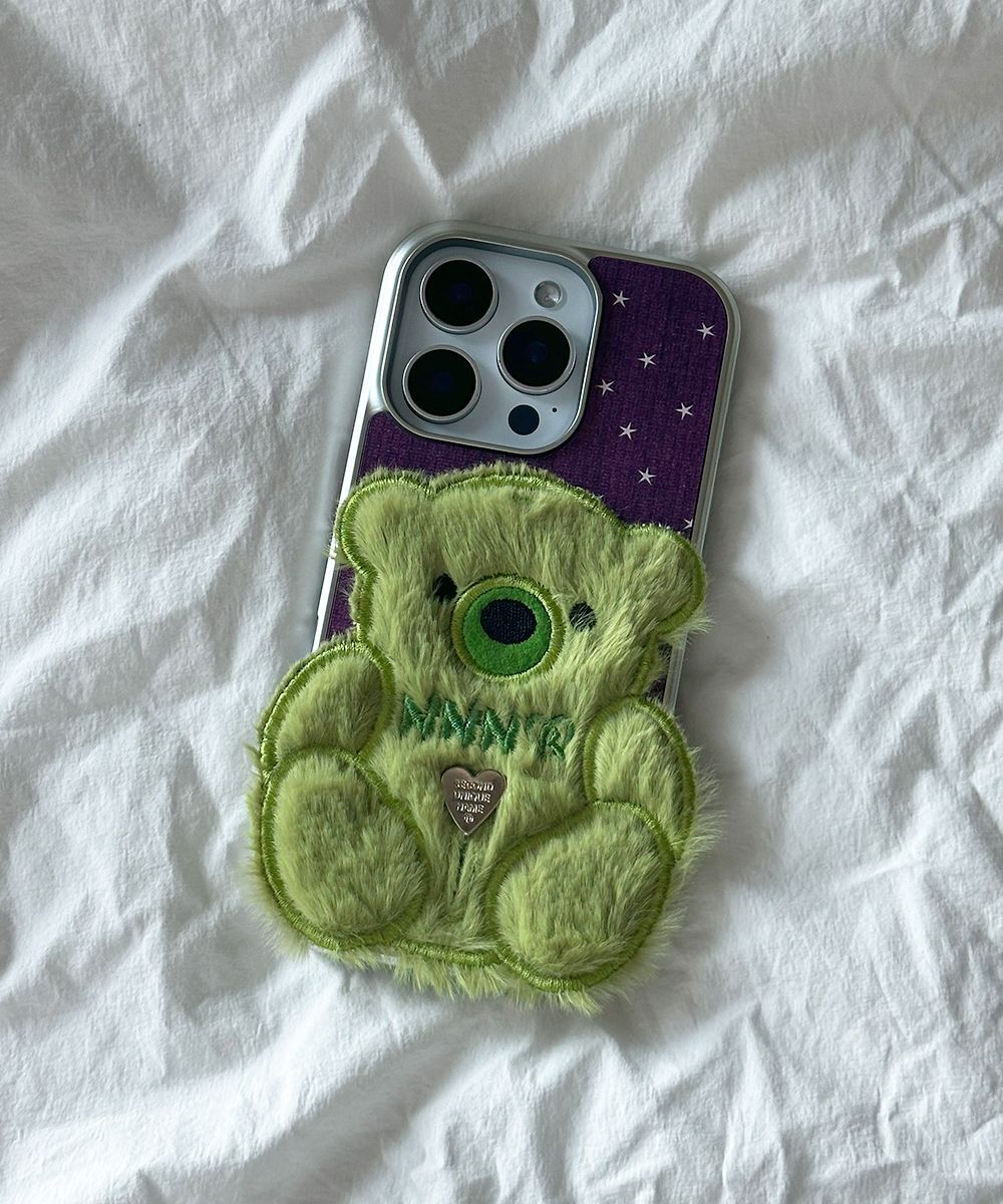 SECOND UNIQUE NAME 小熊貼片手機殼 綠色 (光澤銀) SUN