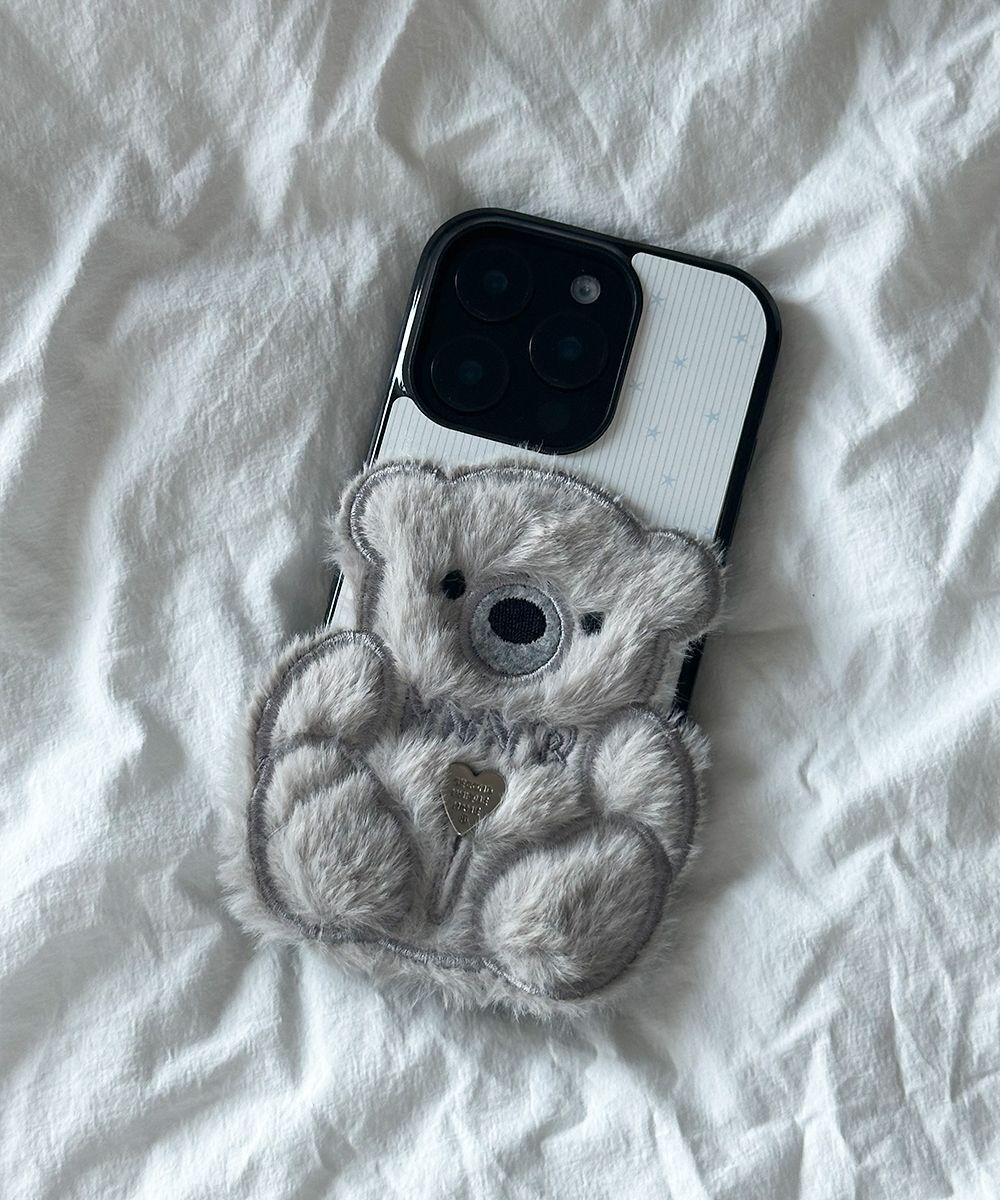 SECOND UNIQUE NAME 熊熊貼紙指套手機殼 灰色 (亮黑色邊框) SUN