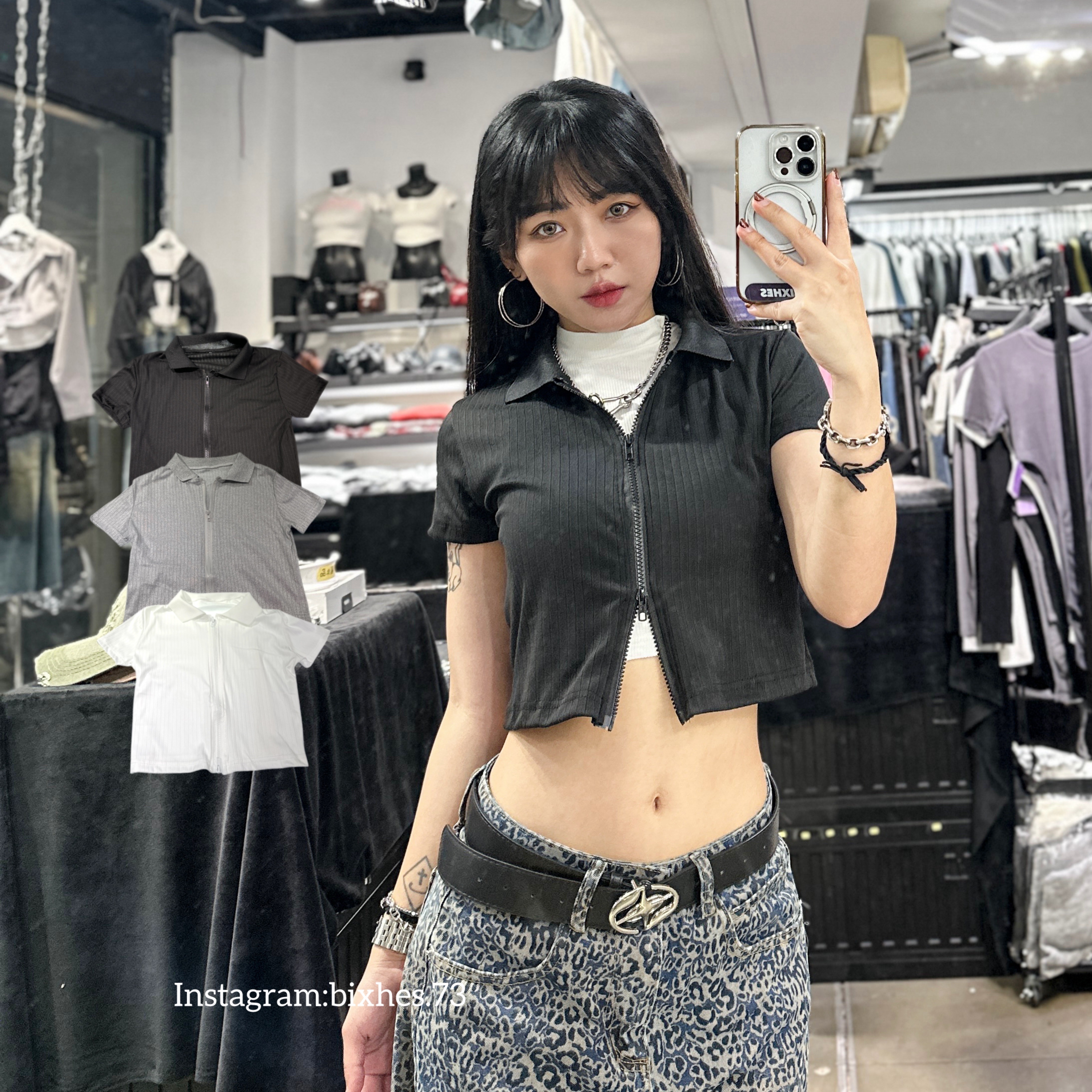 壓條翻領雙拉鍊短T(A00022)