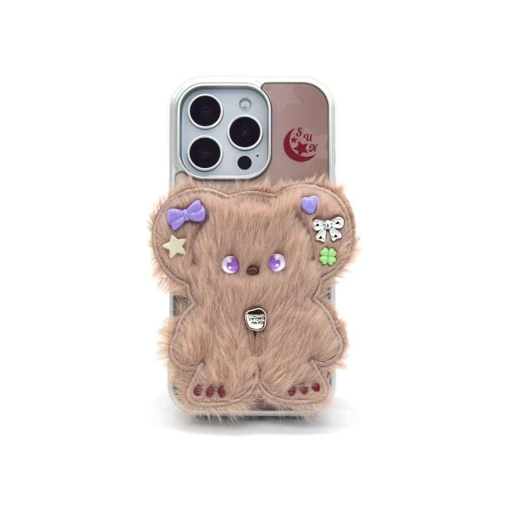 SECOND UNIQUE NAME 串珠小熊手機殼 咖啡米色（亮銀框） SUN