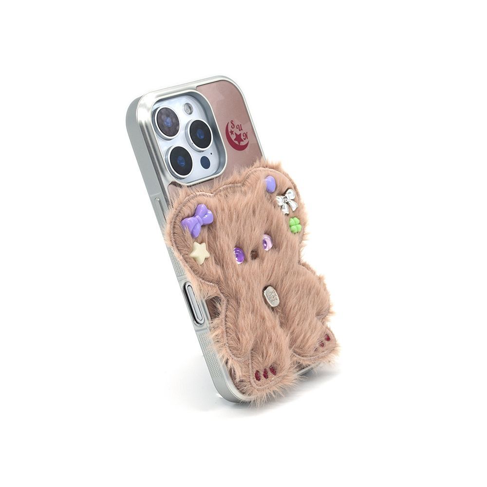 SECOND UNIQUE NAME 串珠小熊手機殼 咖啡米色（亮銀框） SUN