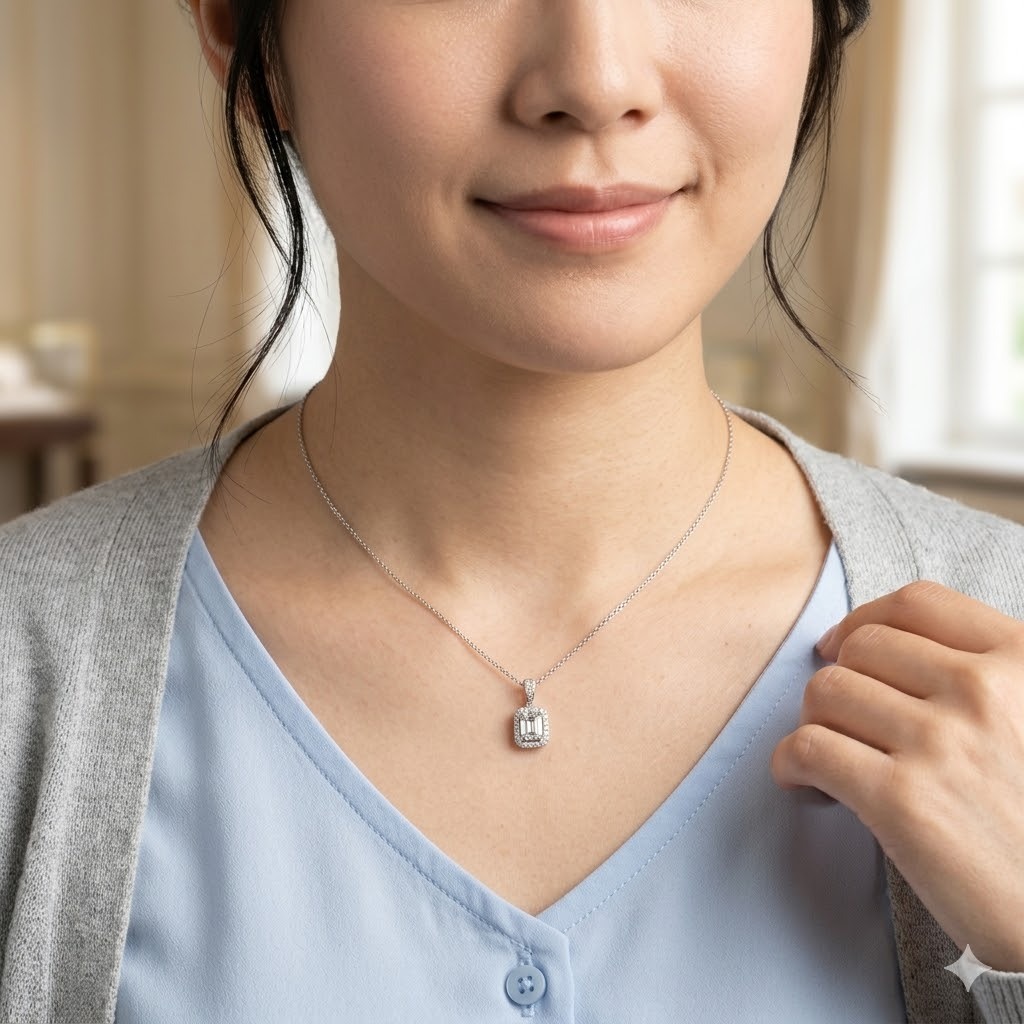 全新18K白金【主石20份方形鑽石】配15份小鑽共35份吊墜