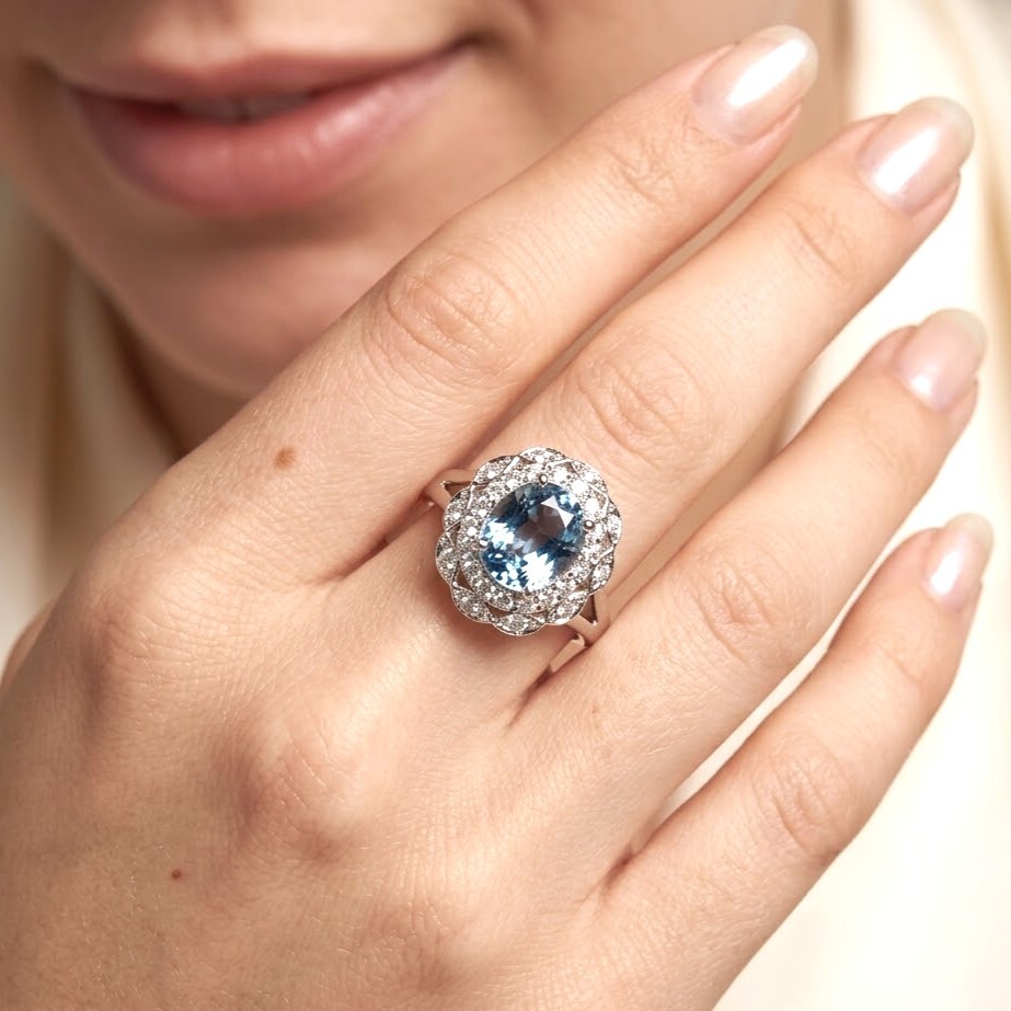 全新18K白金【單粒3卡4份藍寶石】配43份鑽石戒指