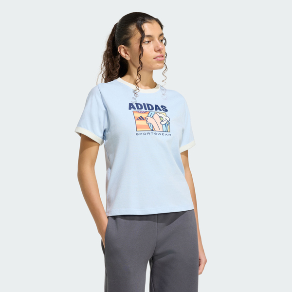 Adidas 愛迪達 Pop Art T1 Q2 KC8602 女 T恤 運動上衣 休閒短袖 天藍 亞版 純棉 滾邊