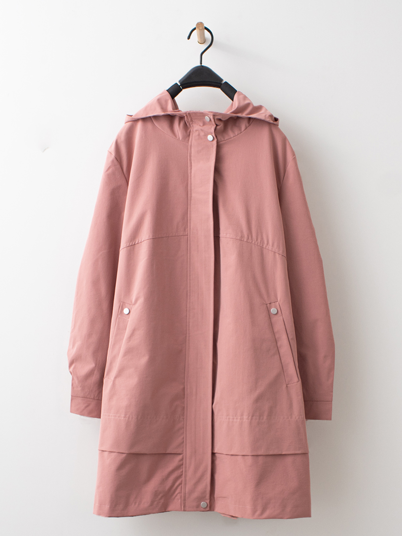 層次連帽長版風衣透膚立領上衣碎花肩帶長洋裝組合