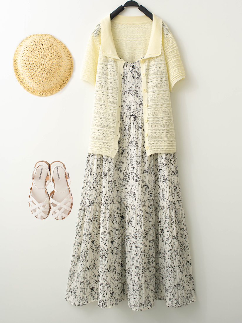 緹花領片針織外套碎花細褶肩帶長洋裝組合