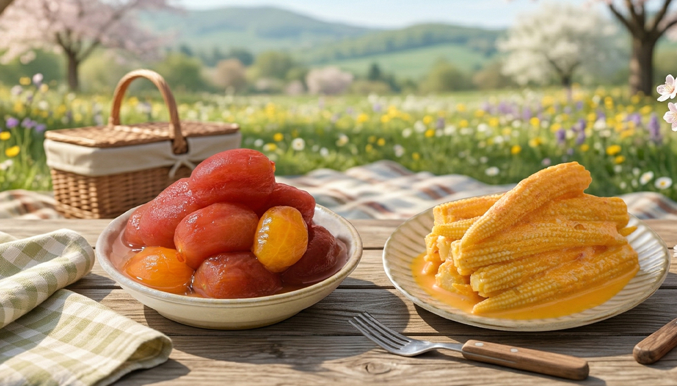 質感野餐墊盛裝紅潤番茄梅梅與黃金玉米筍，打造春季戶外郊遊儀式感。