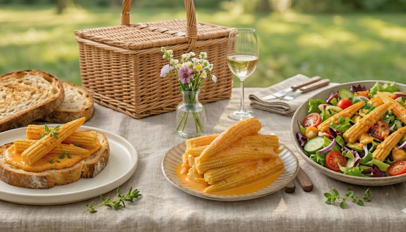 裹滿金黃醬汁的脆口黃金玉米筍，開罐即食的戶外旅行清爽小菜。