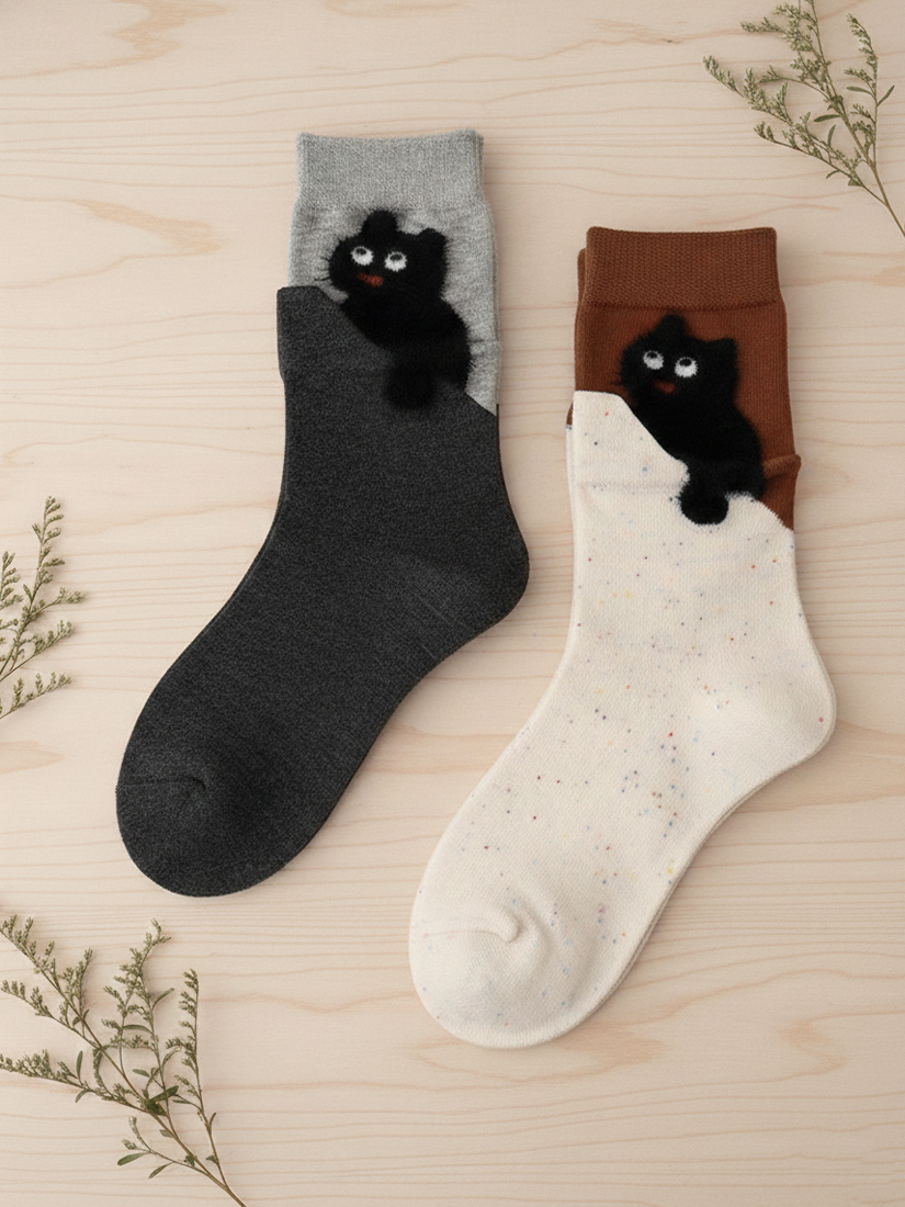 絨毛貓咪配色中筒襪