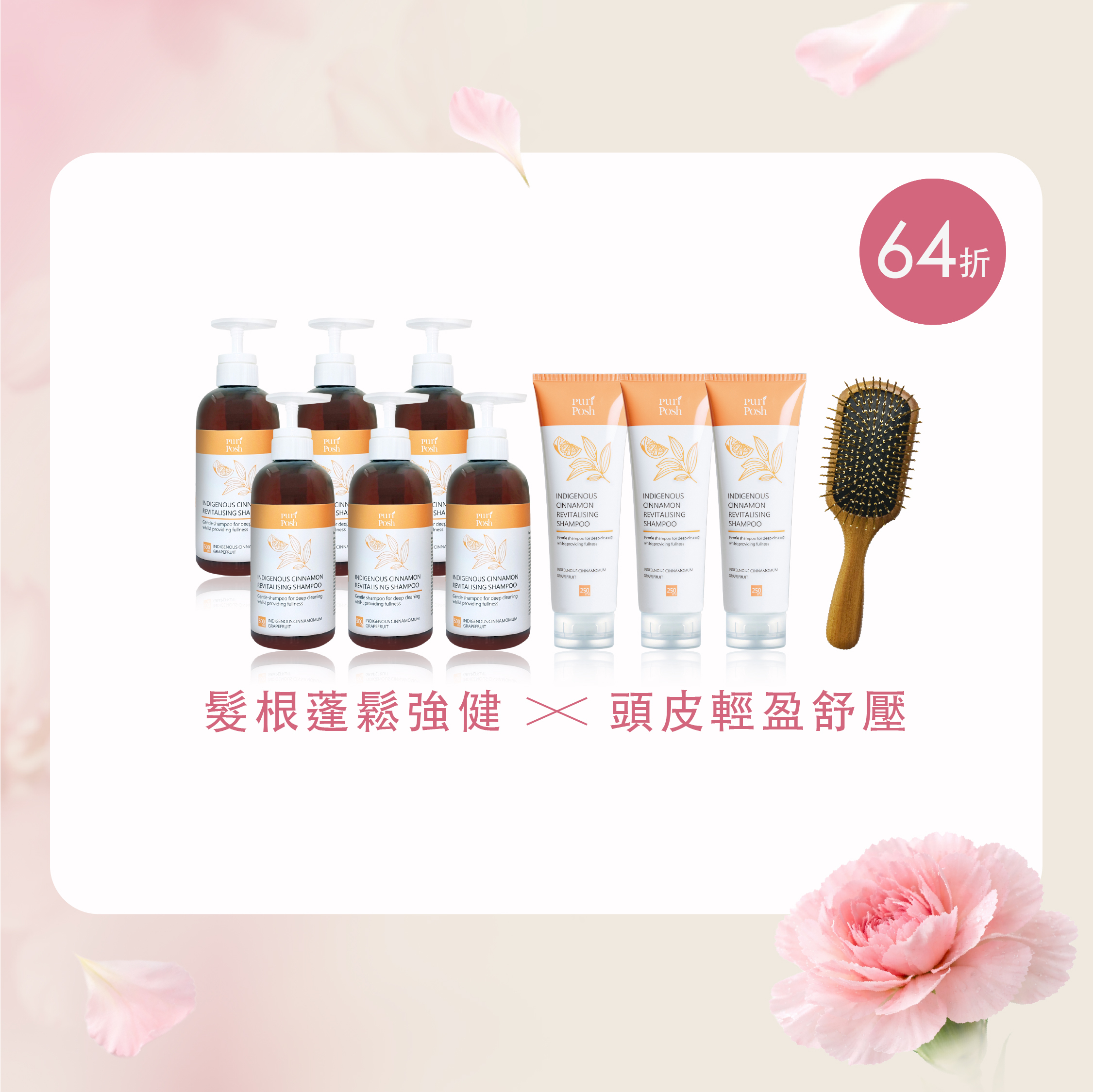 【蓬鬆減壓澎湃組】土肉桂洗髮精500mlx6＋250mlx3＋柚木黃金梳x1