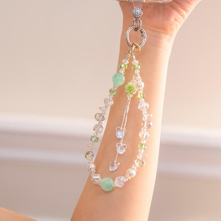 翡翠綠珠浪漫乾燥玫瑰 (綠)  串珠手腕繩 短掛繩 手機掛繩