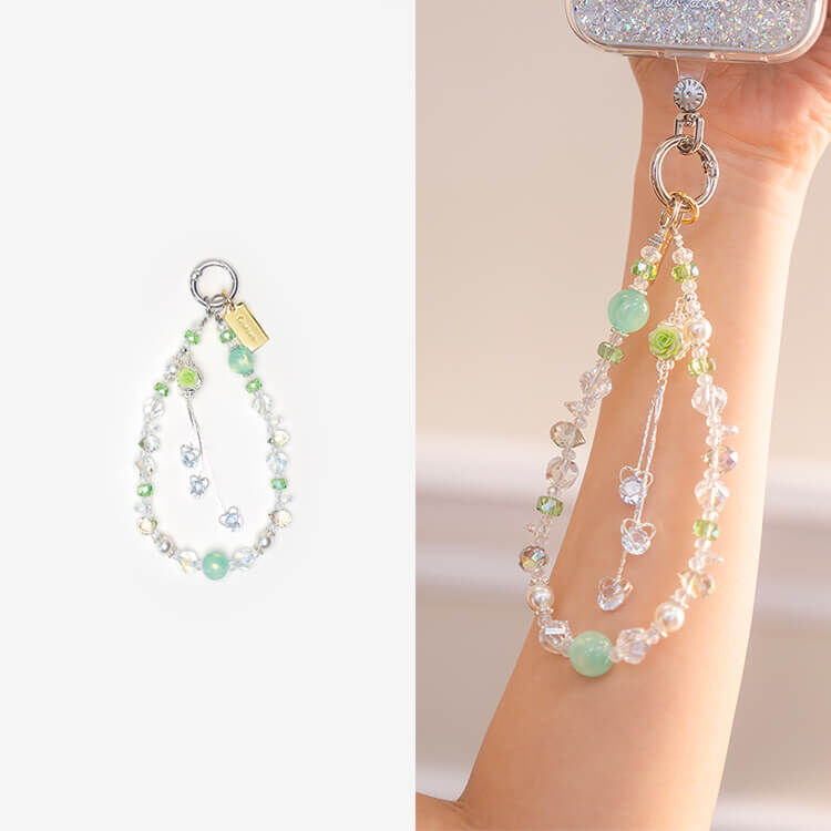 翡翠綠珠浪漫乾燥玫瑰 (綠)  串珠手腕繩 短掛繩 手機掛繩