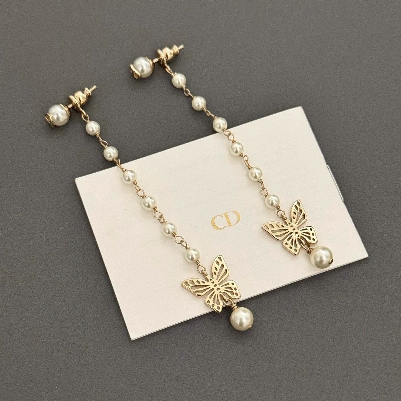 18k Dr”24淡金蝴蝶長珍珠長耳墜款/高奢定製