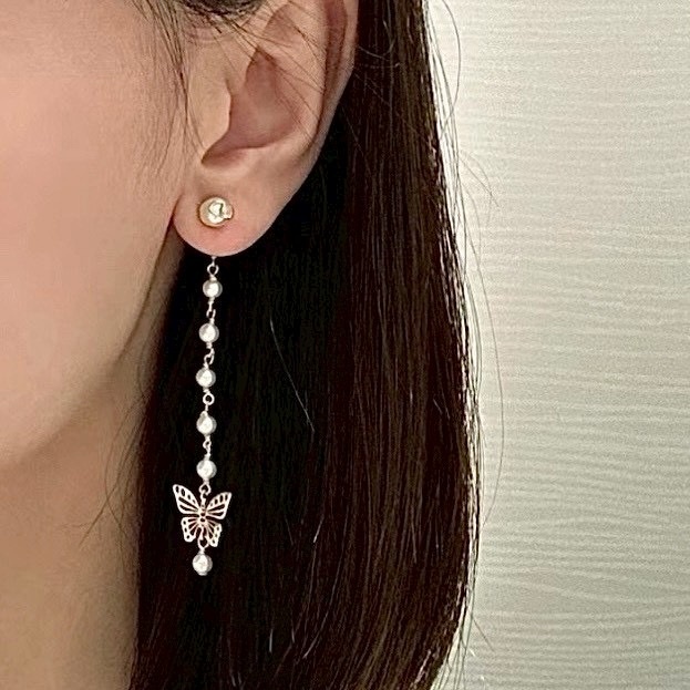 18k Dr”24淡金蝴蝶長珍珠長耳墜款/高奢定製