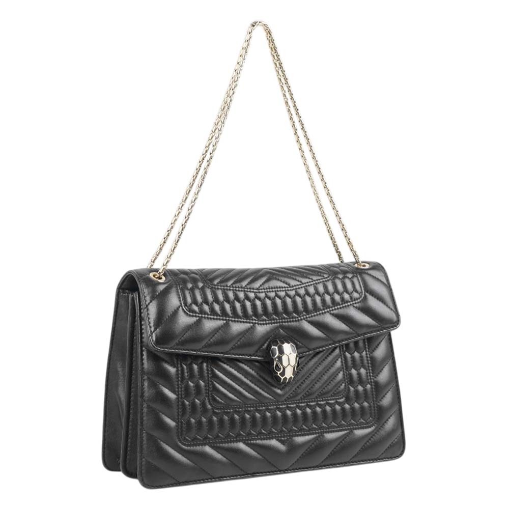 【BVLGARI】Serpenti Forever 黑白蛇頭雙鏈肩背包(黑色)