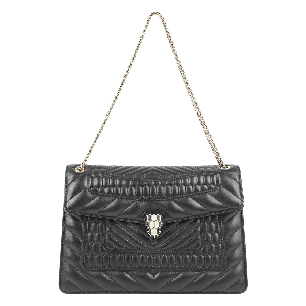 【BVLGARI】Serpenti Forever 黑白蛇頭雙鏈肩背包(黑色)