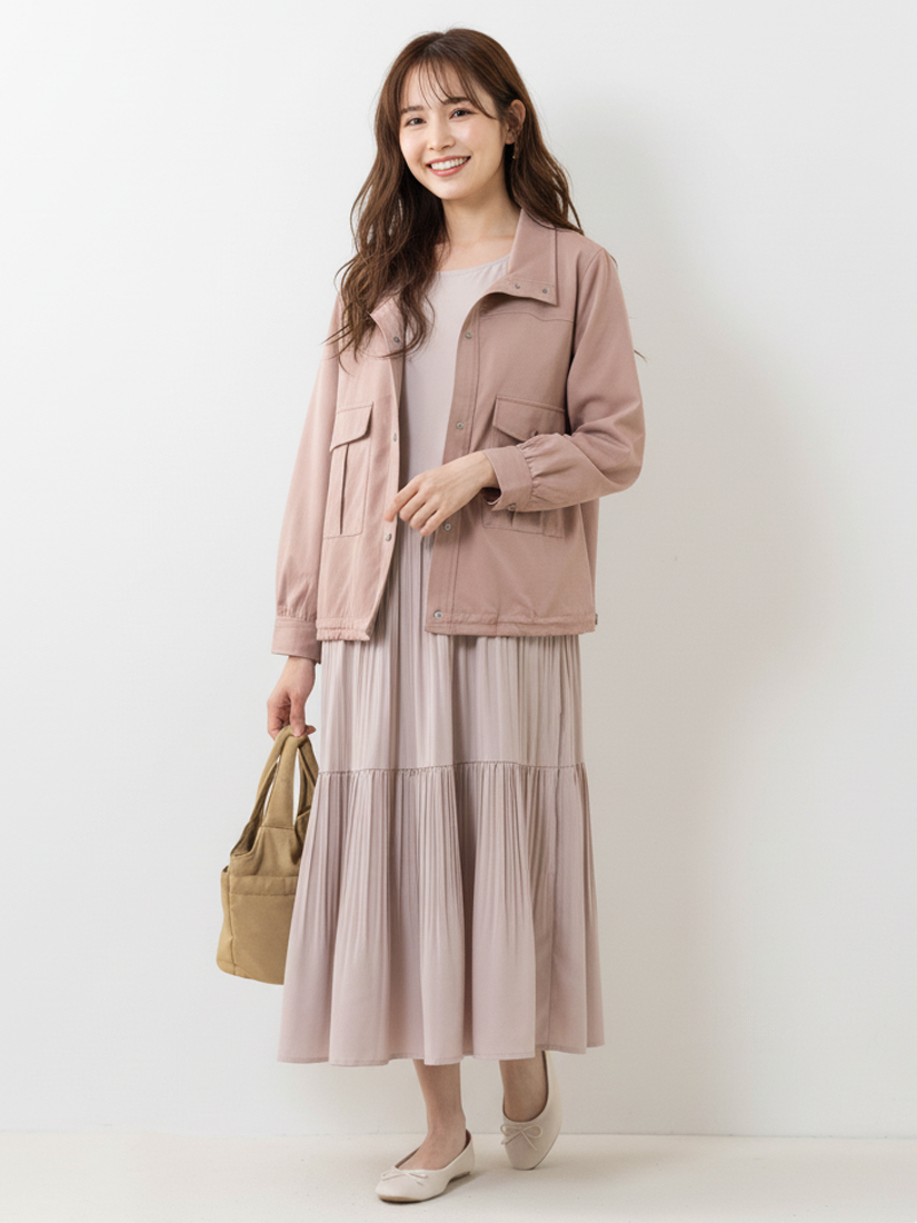 立領工裝口袋夾克外套壓褶短袖長洋裝組合