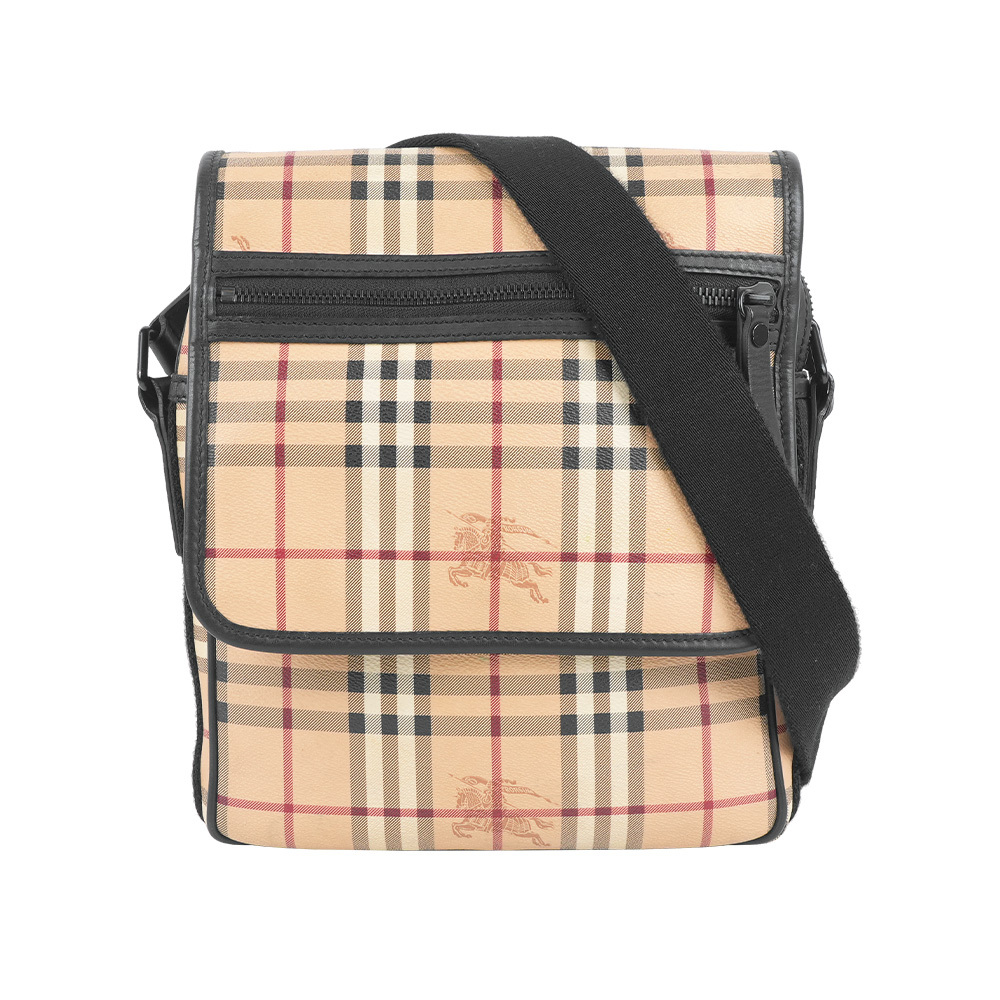 【Burberry】經典戰馬格紋塗層帆布翻蓋日字斜背包(米色)