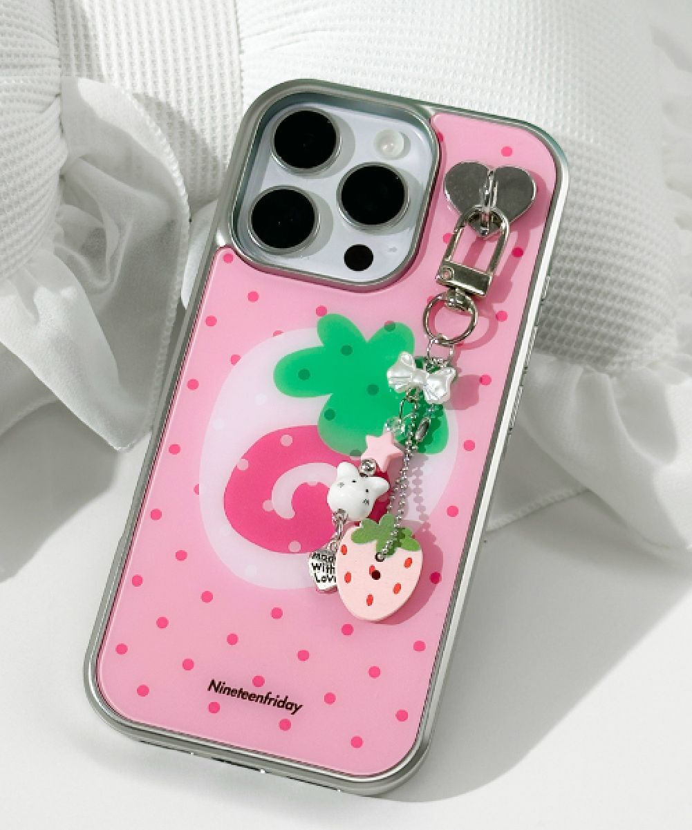 nineteenfriday 粉點草莓捲銀色 MagSafe 環氧玻璃手機殼 CAMS0042