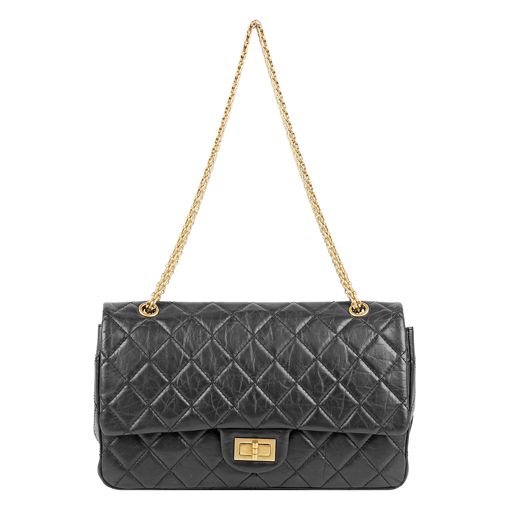 【CHANEL】霧金釦仿舊小牛皮 Jumbo 2.55 翻蓋肩背包(黑色)