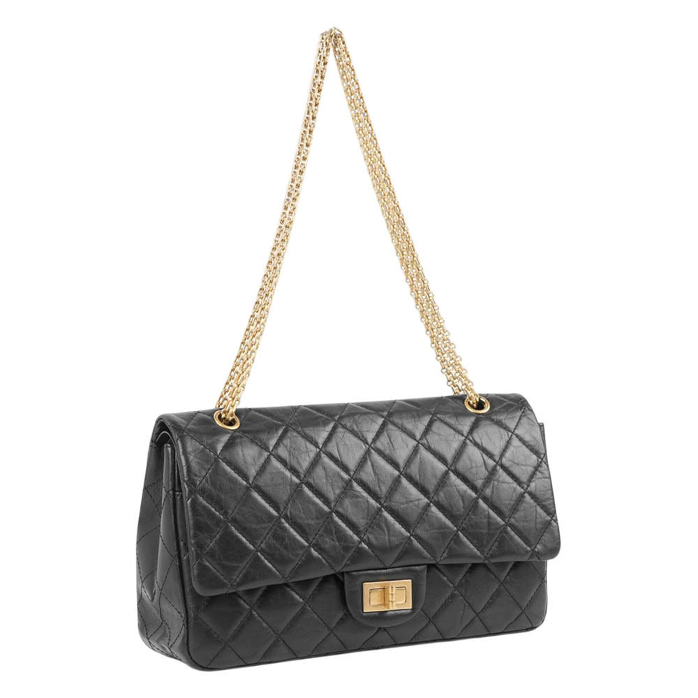 【CHANEL】霧金釦仿舊小牛皮 Jumbo 2.55 翻蓋肩背包(黑色)