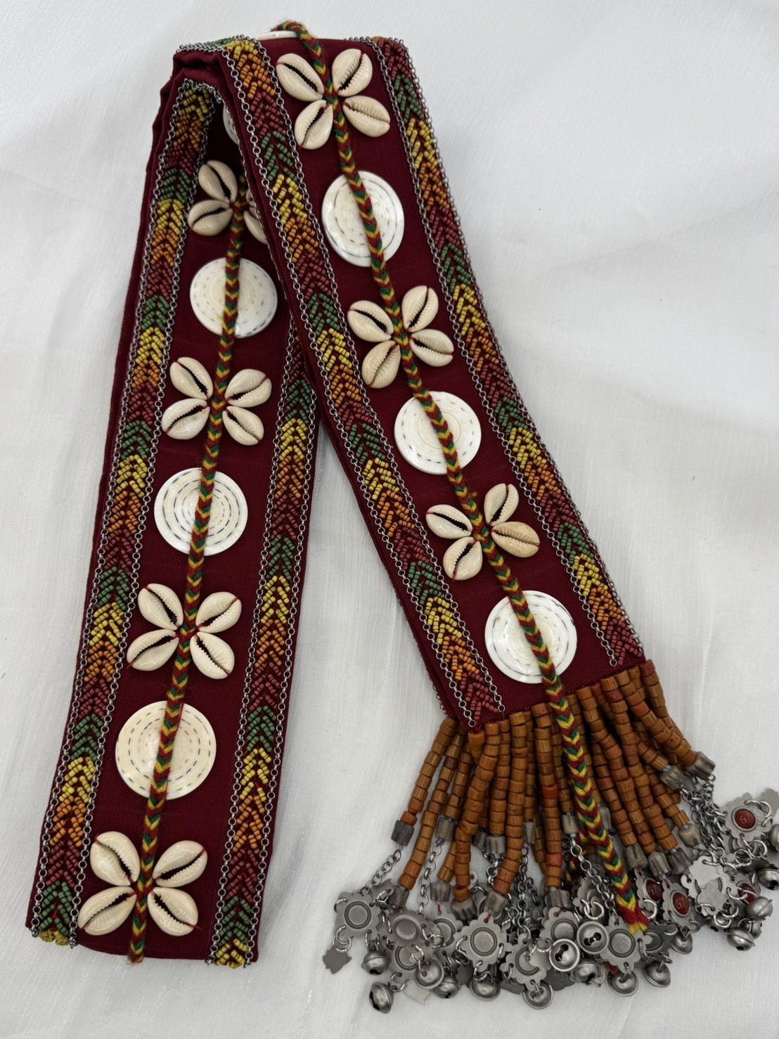 No.6紅色老布老繡珠貝殼花肩背帶9*149cm