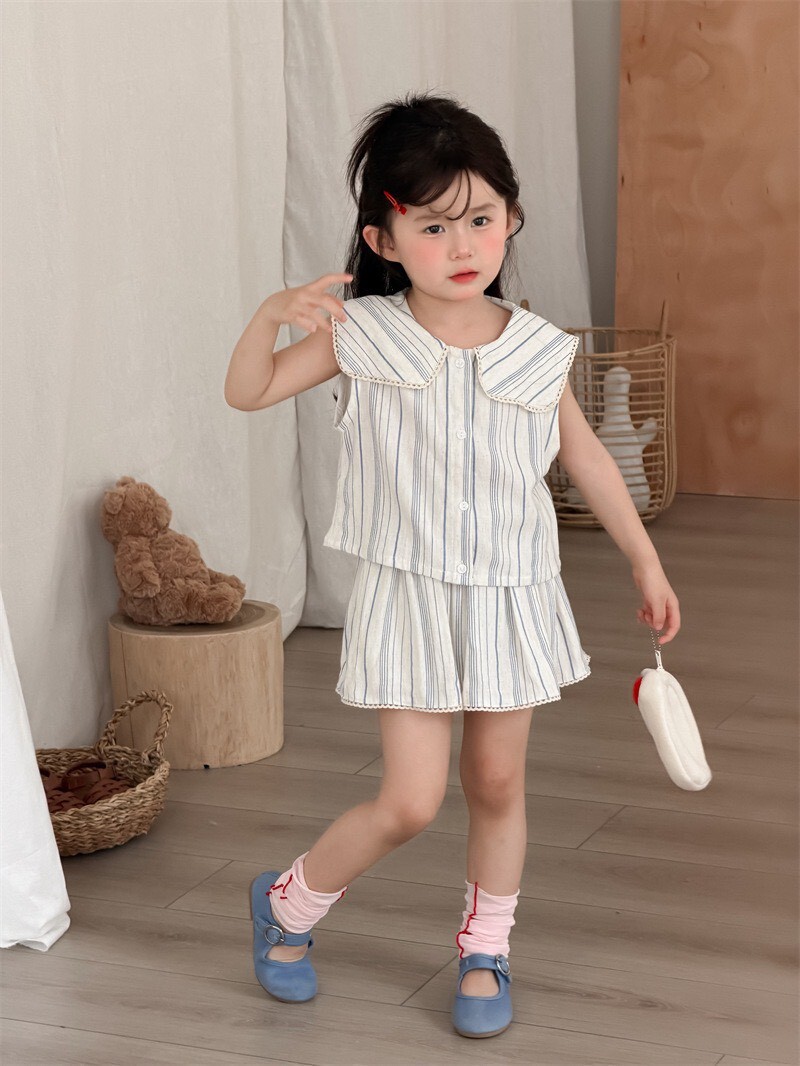 大方領口公主氣質直條紋無袖套裝 ꕀꕀꕀ ＊無袖領口上衣 + 裙子