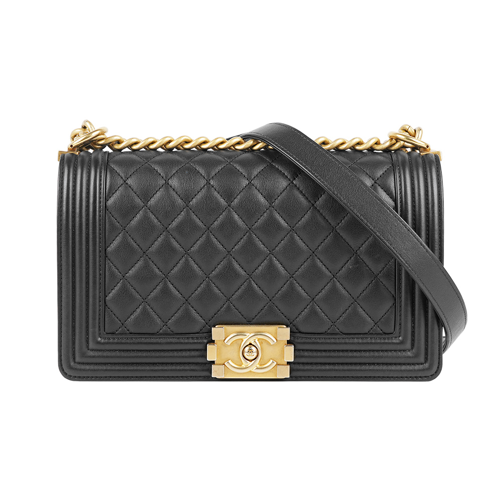 【CHANEL】小牛皮菱格紋金釦 Boy Chanel 25cm(黑色)