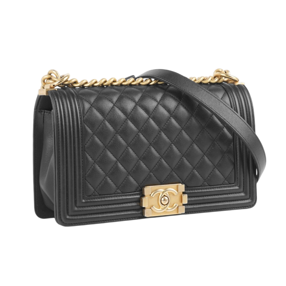 【CHANEL】小牛皮菱格紋金釦 Boy Chanel 25cm(黑色)