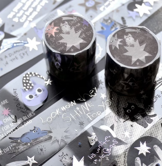 大芝麻小花生．星星與貓 4cm立體燙銀亮面PET膠帶 <整捲/分裝>