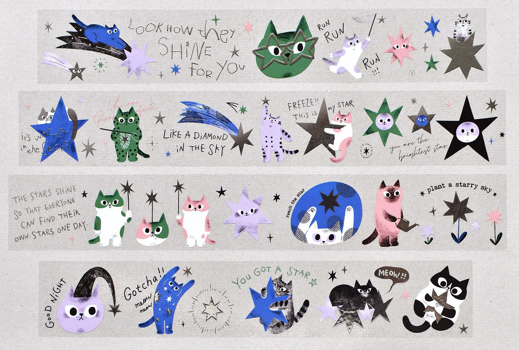 大芝麻小花生．星星與貓 4cm立體燙銀亮面PET膠帶 <整捲/分裝>