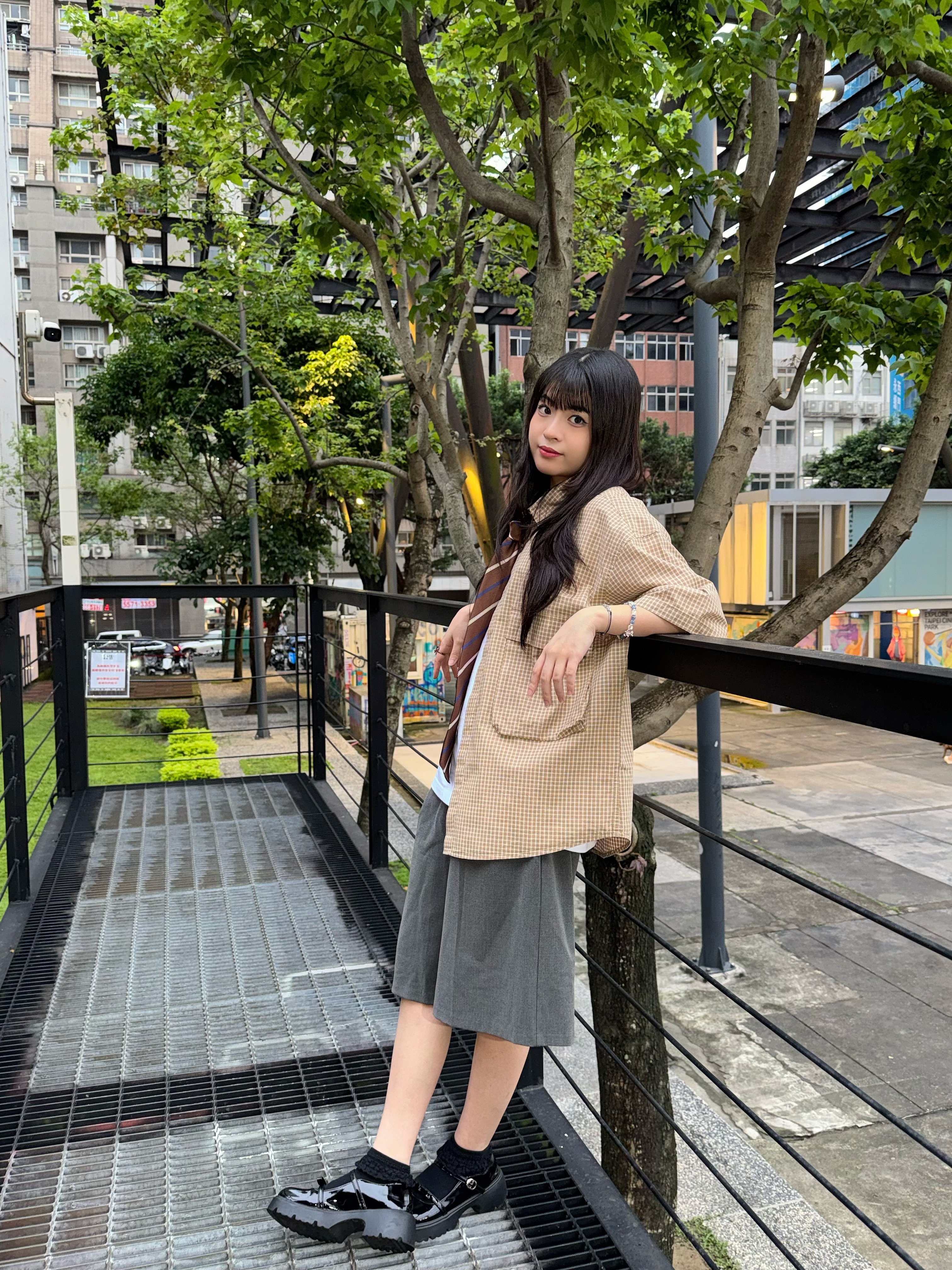落肩大口袋格子襯衫/黃