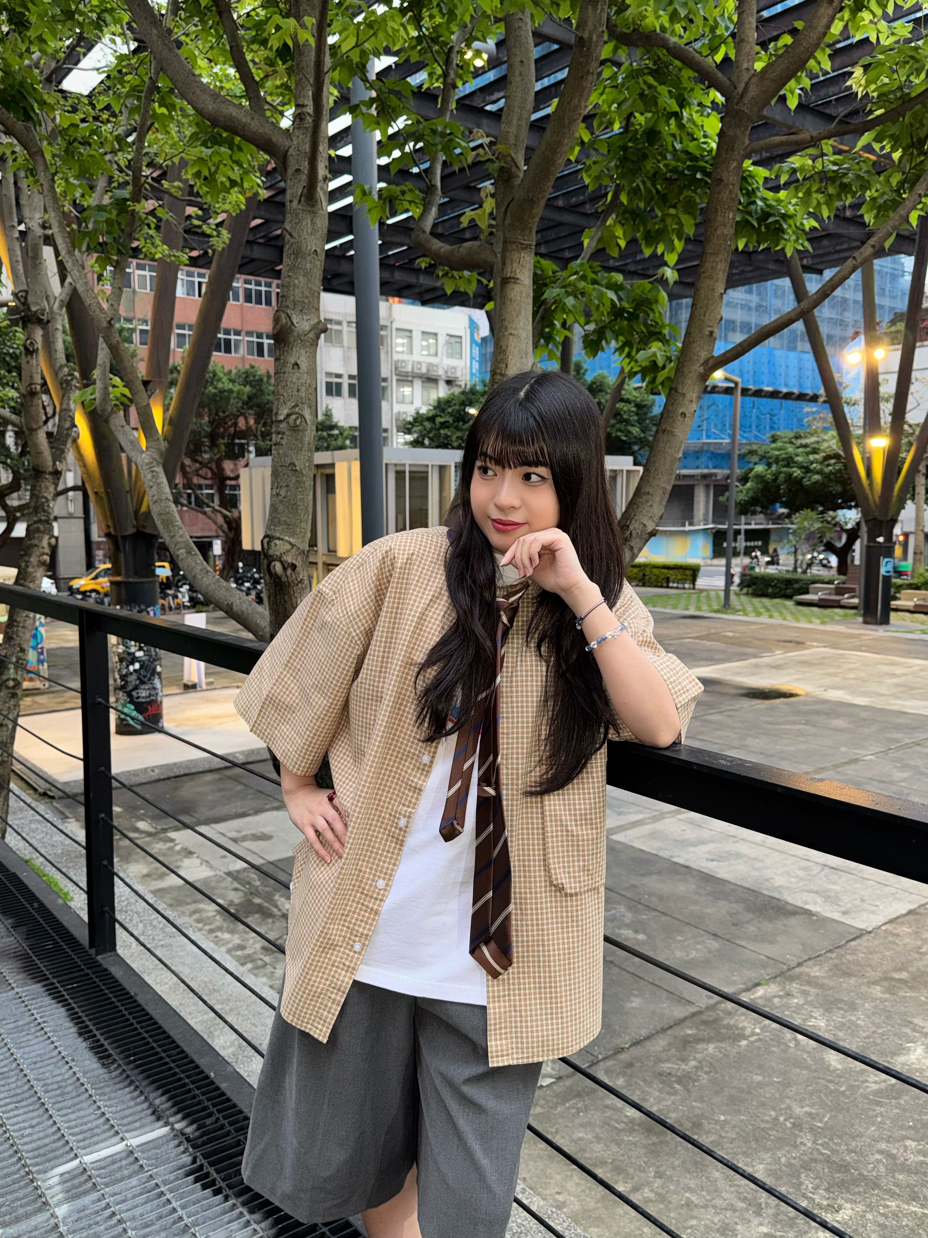落肩大口袋格子襯衫/黃