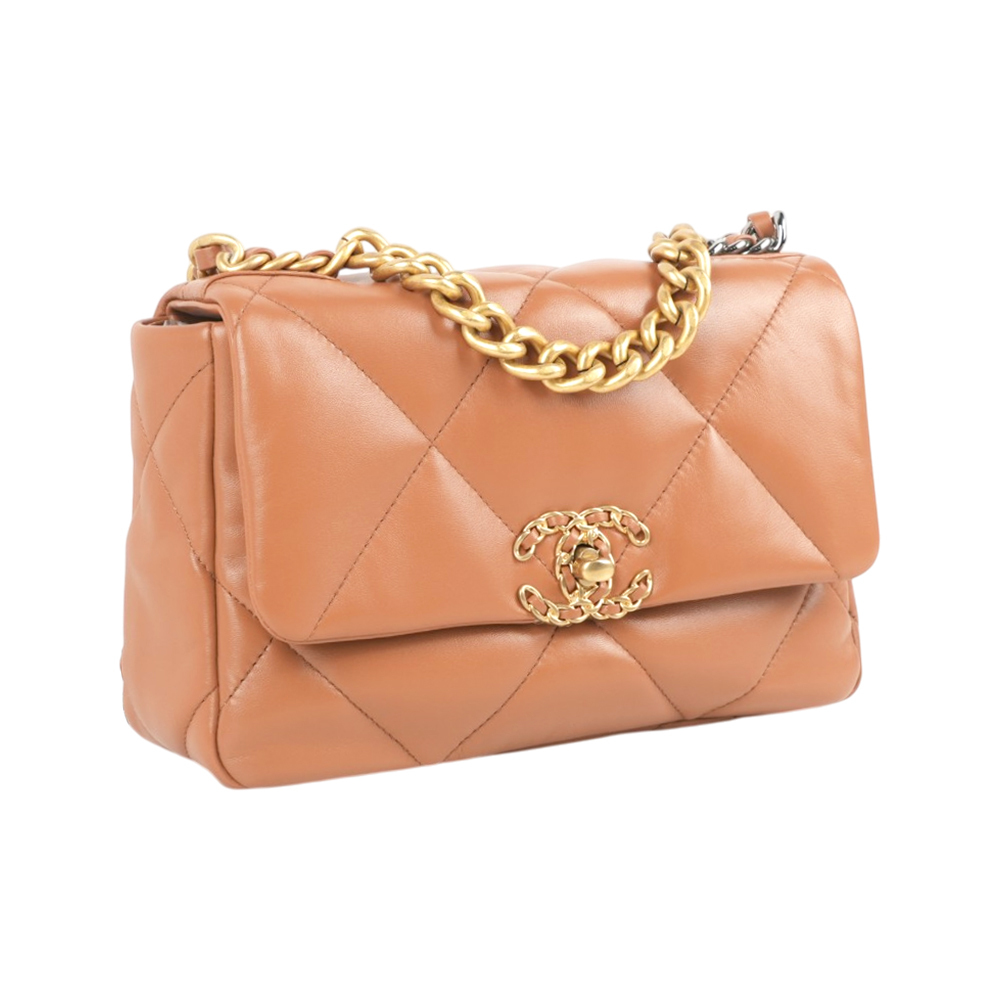 【CHANEL】Chanel 19金色CC Logo三色鍊帶菱格紋口蓋包(焦糖色)
