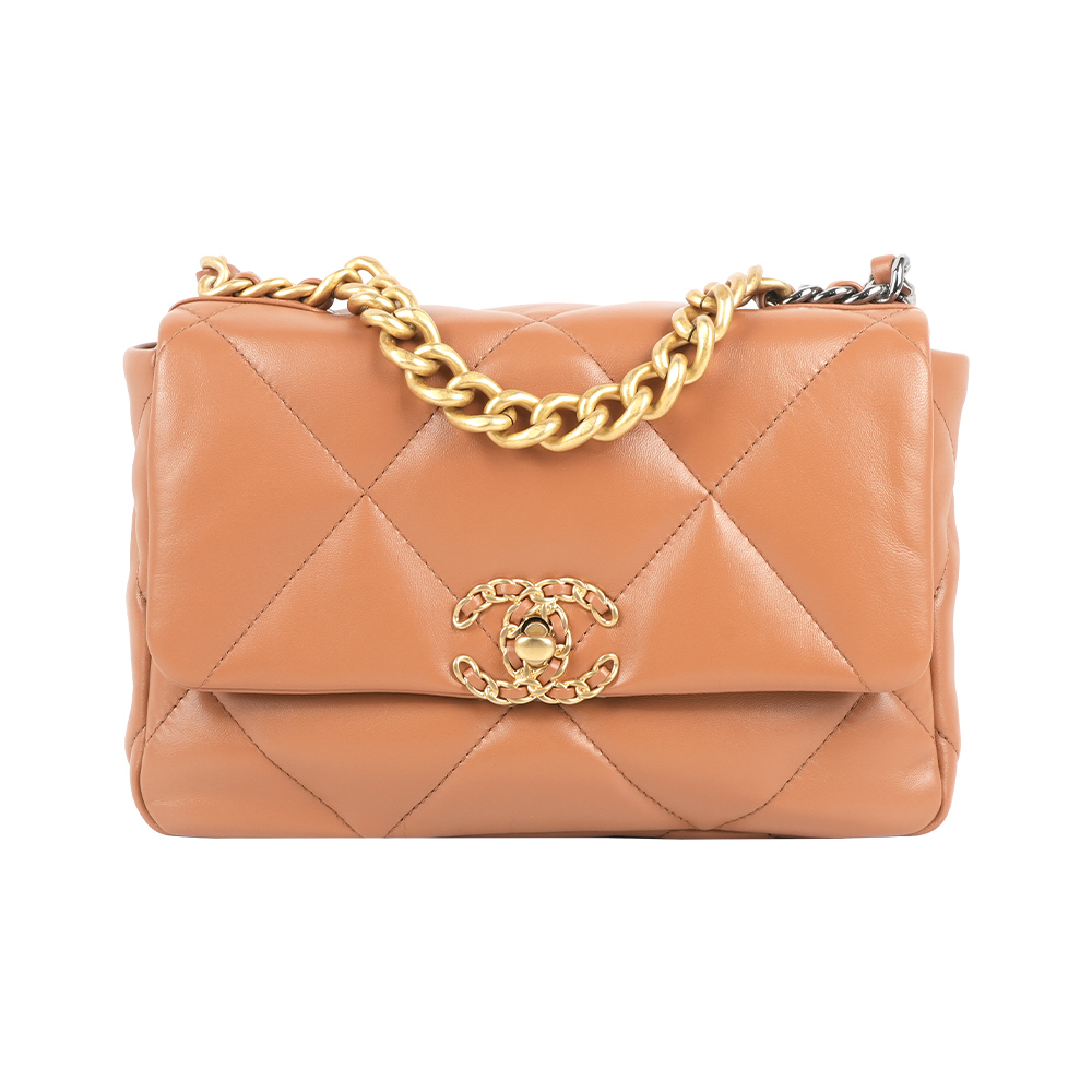 【CHANEL】Chanel 19金色CC Logo三色鍊帶菱格紋口蓋包(焦糖色)