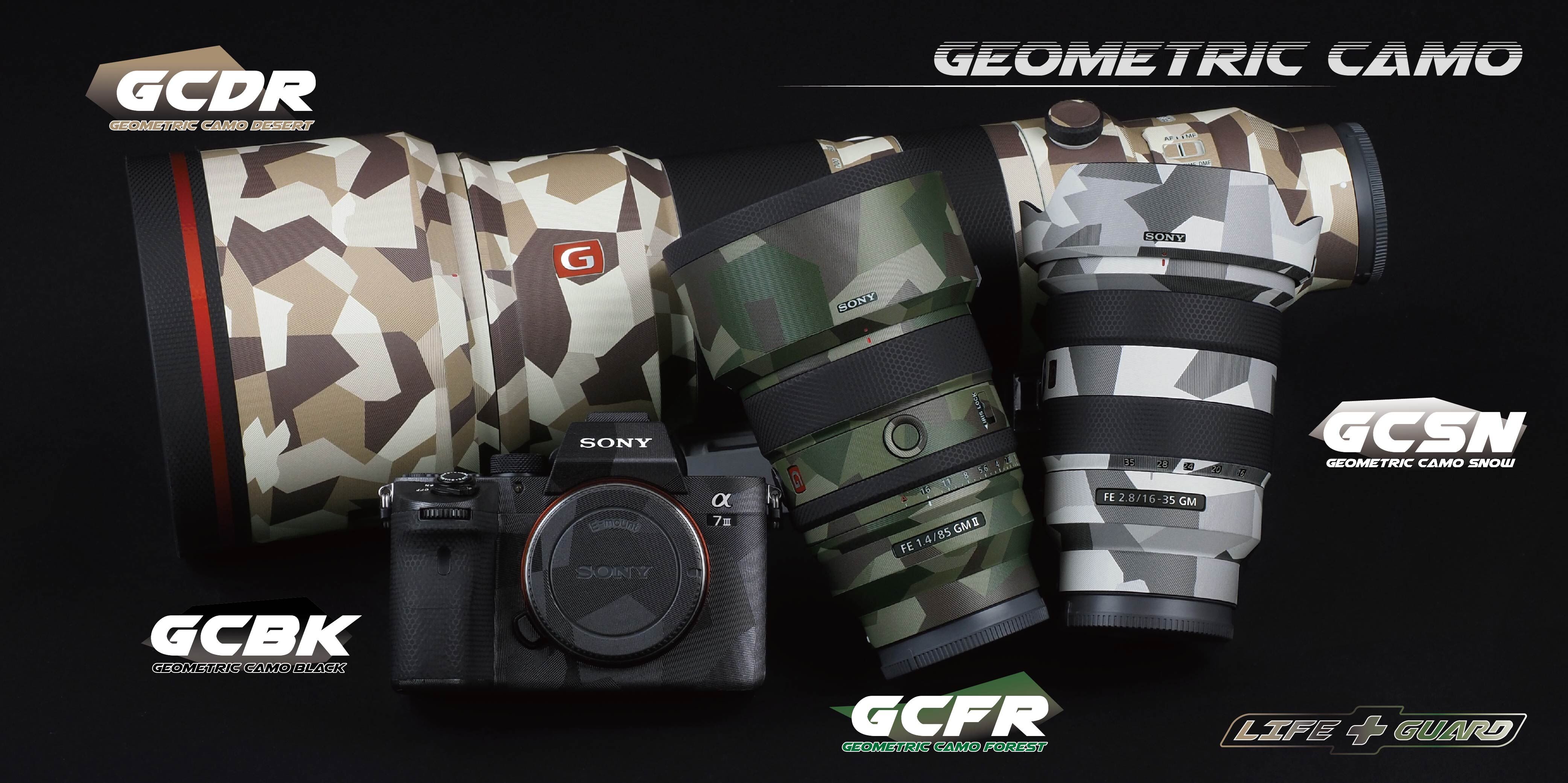 LIFE+GUARD Geometric Camo Series camera skin applied to Sony series camera lenses.