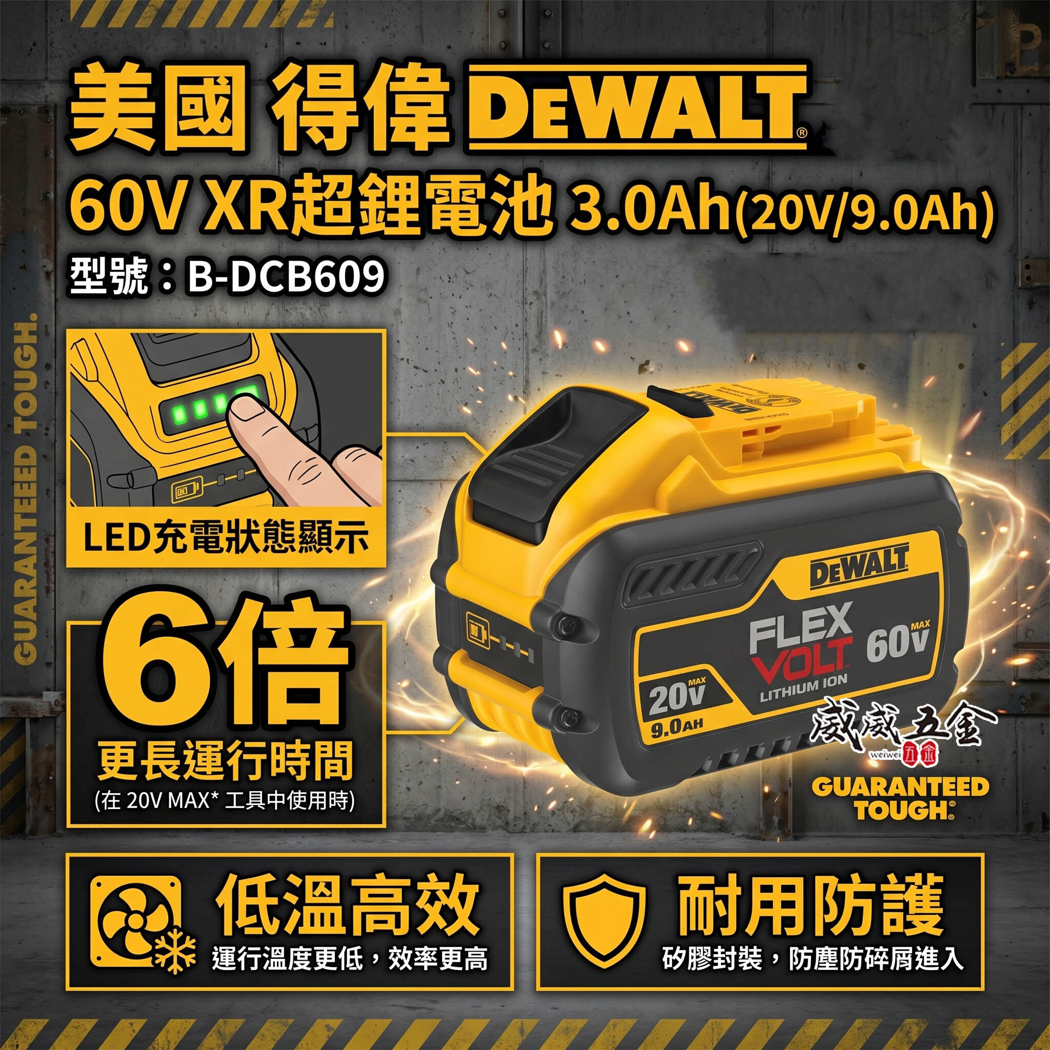 DEWALT 美國 得偉｜60V 3.0Ah 充電鋰電池 20V 9.0Ah 原廠電池｜DCB609｜公司貨