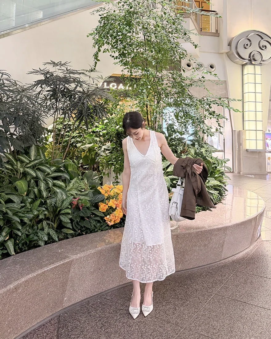 LINA LINA別緻暮光滿版刺繡緹花V領洋裝-純潔白