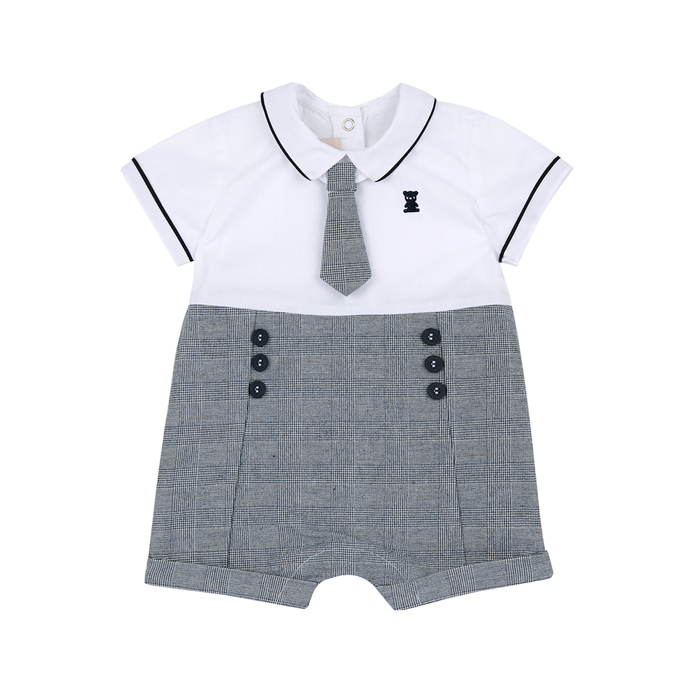 紳士小熊-剪接格紋附領帶短袖兔裝