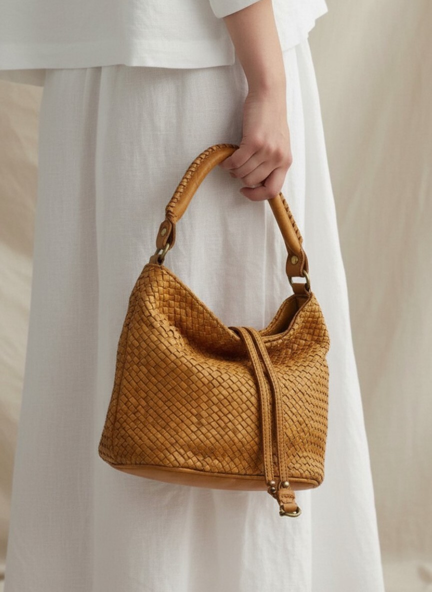 Coda M 鞣革編織小水桶包深黃