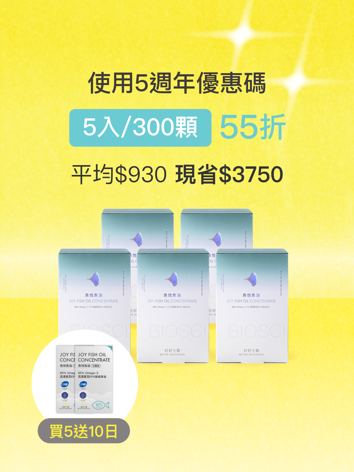 【新品57折】魚悅魚油－85% Omega-3 高濃度高EPA挪威魚油＿5入組 (300顆)