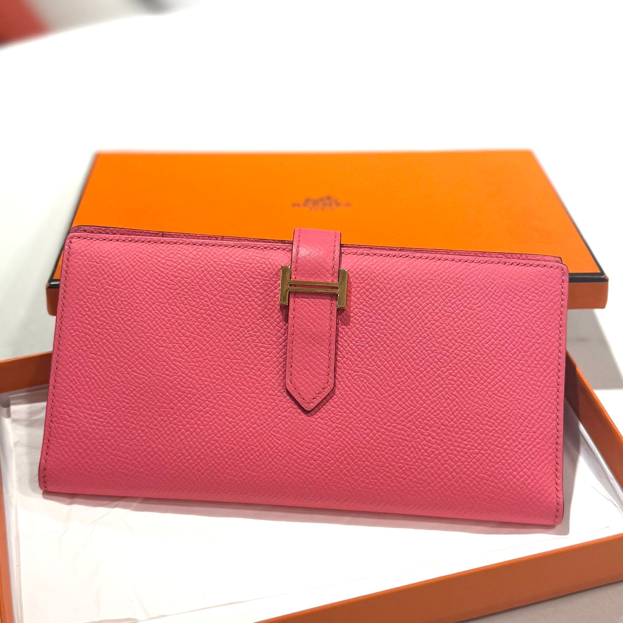 99%NEW二手HERMES LONG WALLET A刻 8W EPSOM 唇膏粉金扣 #香榭站正品