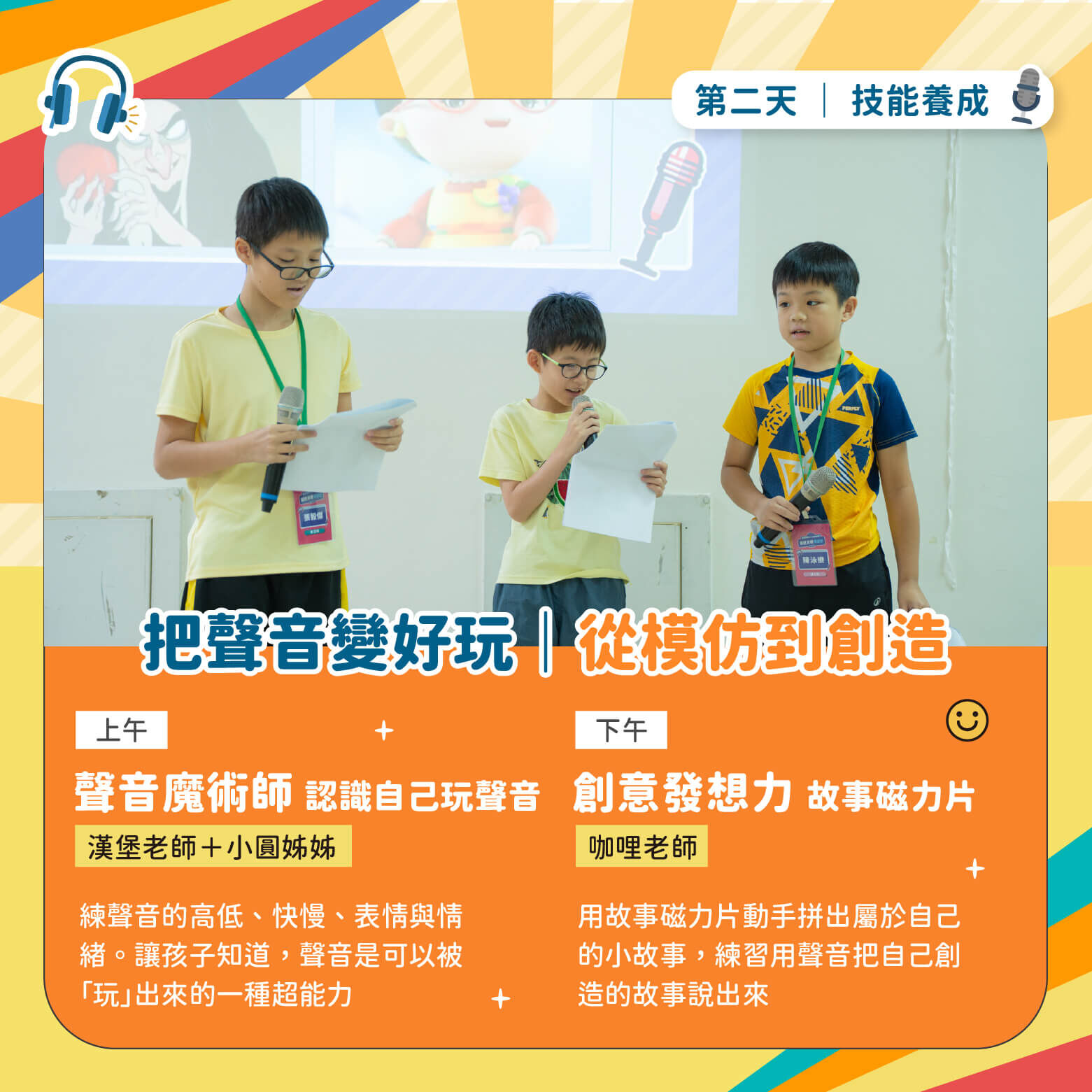 第二天技能養成｜上午：聲音魔術師 認識自己玩聲音（漢堡老師＋小圓姊姊）＋下午：創意發想力 故事磁力片（咖哩老師）。練聲音的高低、快慢、表情與情緒，用磁力片拼出自己的故事。