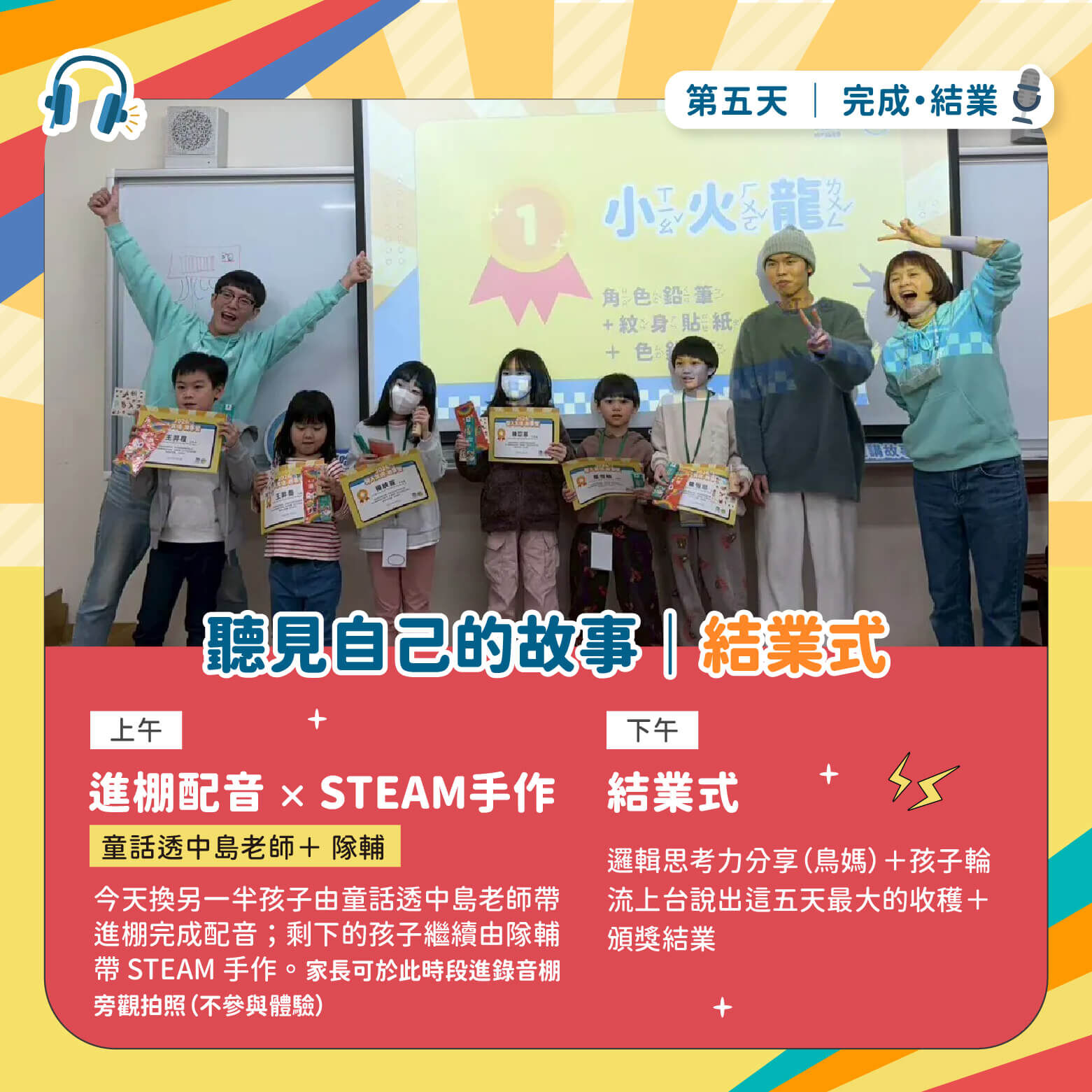 第五天完成結業｜上午：進棚配音×STEAM手作第二輪（童話透中島老師＋隊輔）＋下午：結業式 邏輯思考力分享（鳥媽）＋孩子上台分享＋頒獎結業。完整配音作品需後製，約兩個月後以數位連結寄到家。